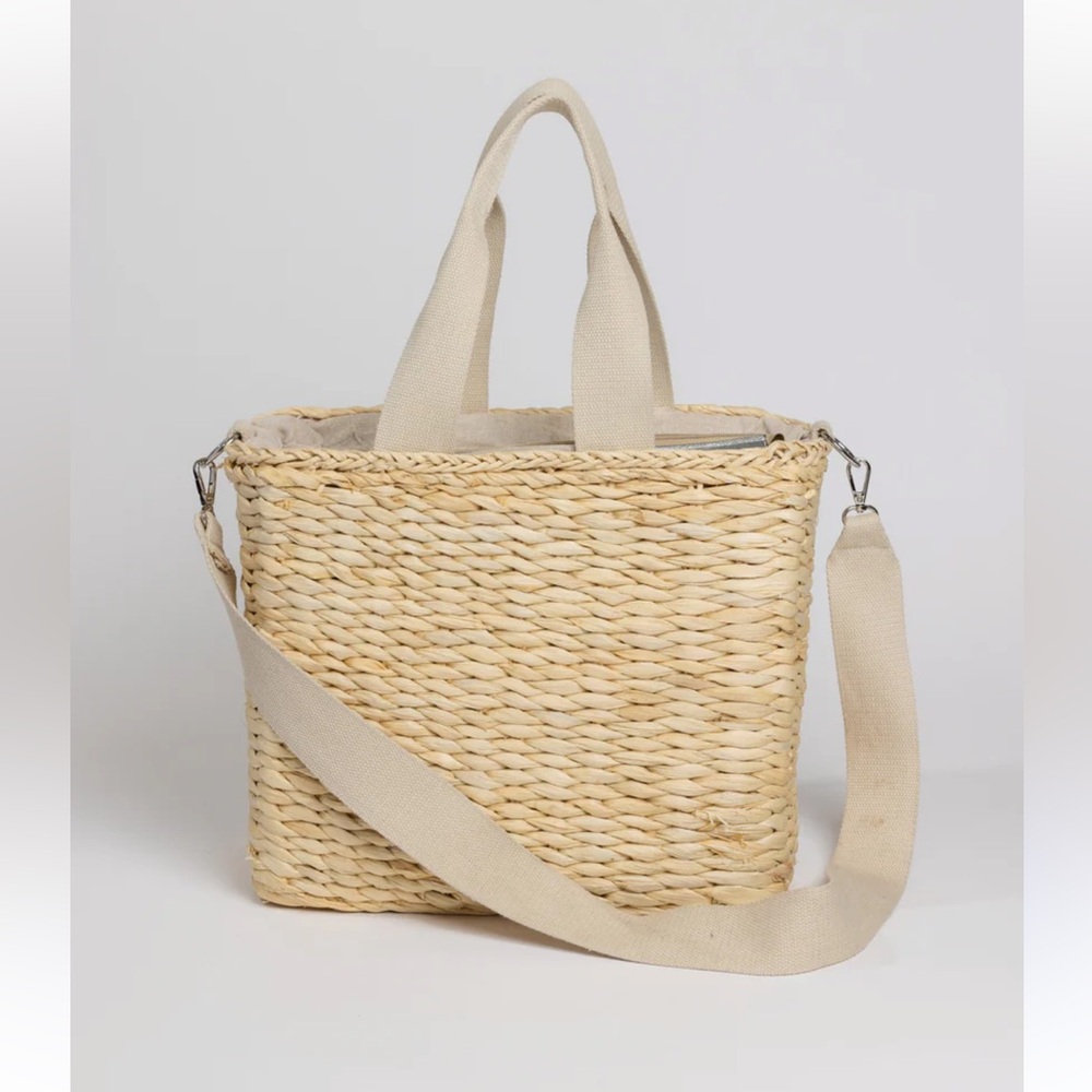 Hat Attack Beige Woven Straw Tote with Canvas Straps